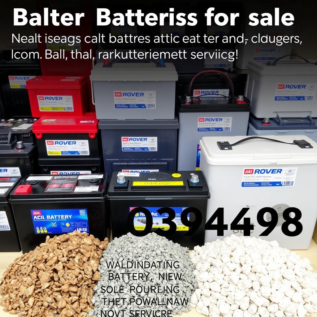 An informative image showing a variety of batteries for sale, including acid batteries and solar power batteries