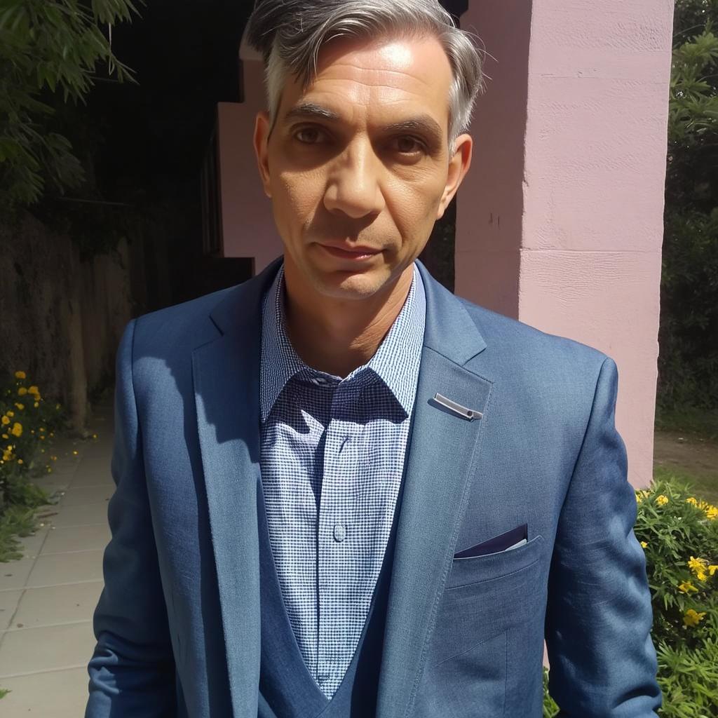 A portrait of a middle-aged man with neatly styled gray hair, wearing a smart blue suit over a patterned shirt