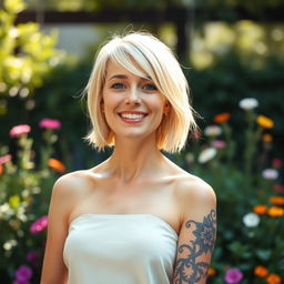 A photograph of a short blonde woman with a tattoo on her body