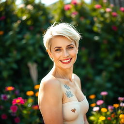 A photograph of a short blonde woman with a tattoo on her body