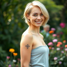 A photograph of a short blonde woman with a tattoo on her body
