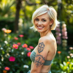 A photograph of a short blonde woman with a tattoo on her body