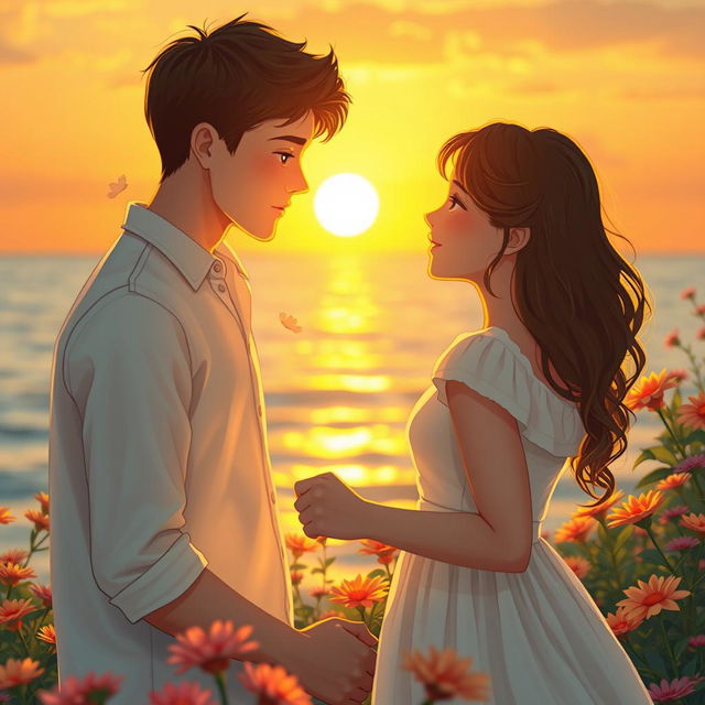 A serene and romantic scene at sunset by the sea or in a garden filled with colorful flowers