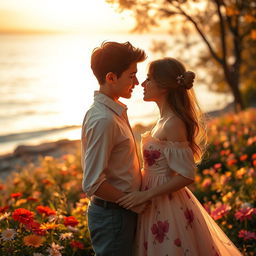 A serene and romantic scene at sunset by the sea or in a garden filled with colorful flowers