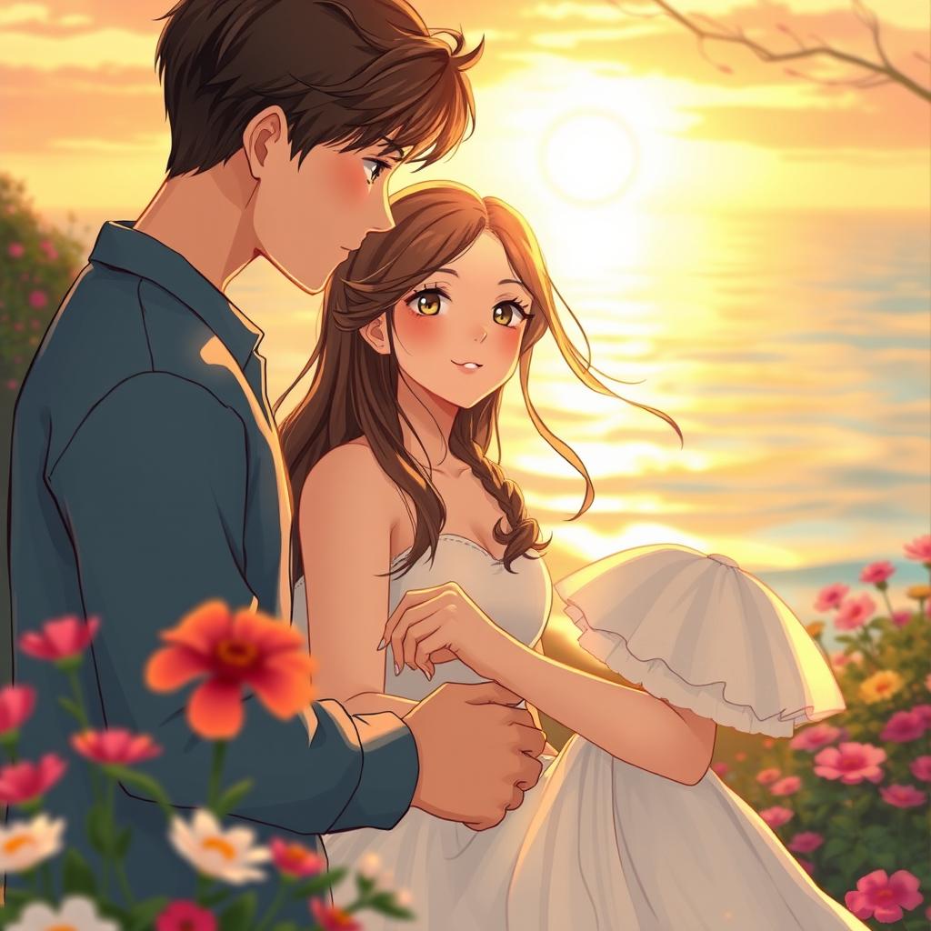 A serene and romantic scene at sunset by the sea or in a garden filled with colorful flowers