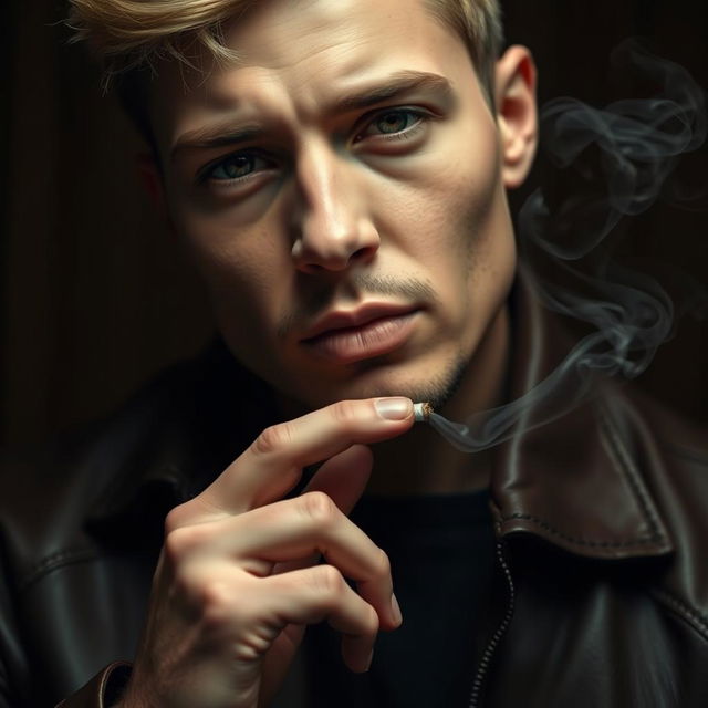 A close-up portrait of a stylish individual holding a cigarette elegantly between their fingers, with a confident expression