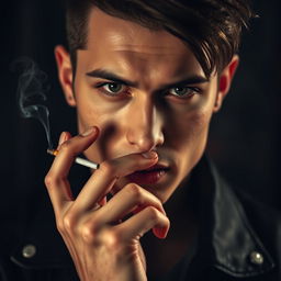 A close-up portrait of a stylish individual holding a cigarette elegantly between their fingers, with a confident expression