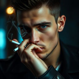A close-up portrait of a stylish individual holding a cigarette elegantly between their fingers, with a confident expression