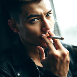 A close-up portrait of a stylish individual holding a cigarette elegantly between their fingers, with a confident expression