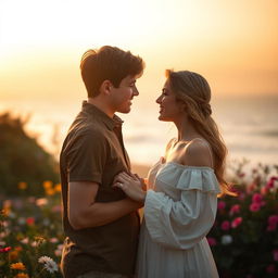 A serene and romantic setting, perhaps at sunset by the sea or in a garden filled with colorful flowers