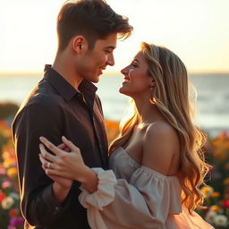 A serene and romantic setting, perhaps at sunset by the sea or in a garden filled with colorful flowers