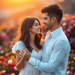 A serene and romantic setting, perhaps at sunset by the sea or in a garden filled with colorful flowers