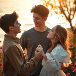 A serene and romantic setting, perhaps at sunset by the sea or in a garden filled with colorful flowers