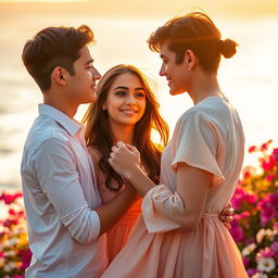 A serene and romantic setting, perhaps at sunset by the sea or in a garden filled with colorful flowers