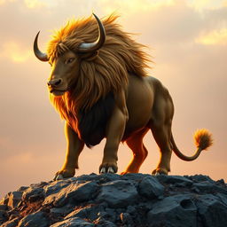 A majestic creature with the powerful body of a bull and the regal mane and fierce gaze of a lion