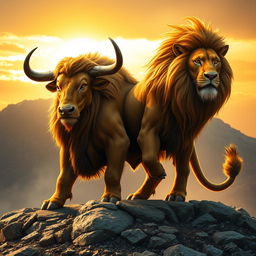 A majestic creature with the powerful body of a bull and the regal mane and fierce gaze of a lion