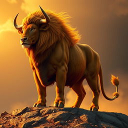 A majestic creature with the powerful body of a bull and the regal mane and fierce gaze of a lion