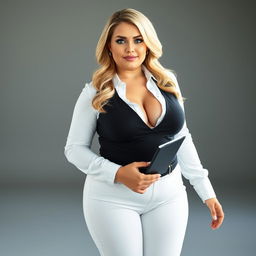 A full-length portrait of a beautiful and lovely plump woman with soft features, stunning blond hair, and captivating blue eyes