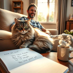 A cozy indoor scene featuring a fluffy domestic cat with thick fur, sharply defined features, and striking green eyes curled up on a plush armchair next to a person
