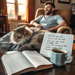 A cozy indoor scene featuring a fluffy domestic cat with thick fur, sharply defined features, and striking green eyes curled up on a plush armchair next to a person