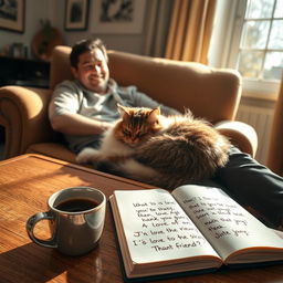 A cozy indoor scene featuring a fluffy domestic cat with thick fur, sharply defined features, and striking green eyes curled up on a plush armchair next to a person