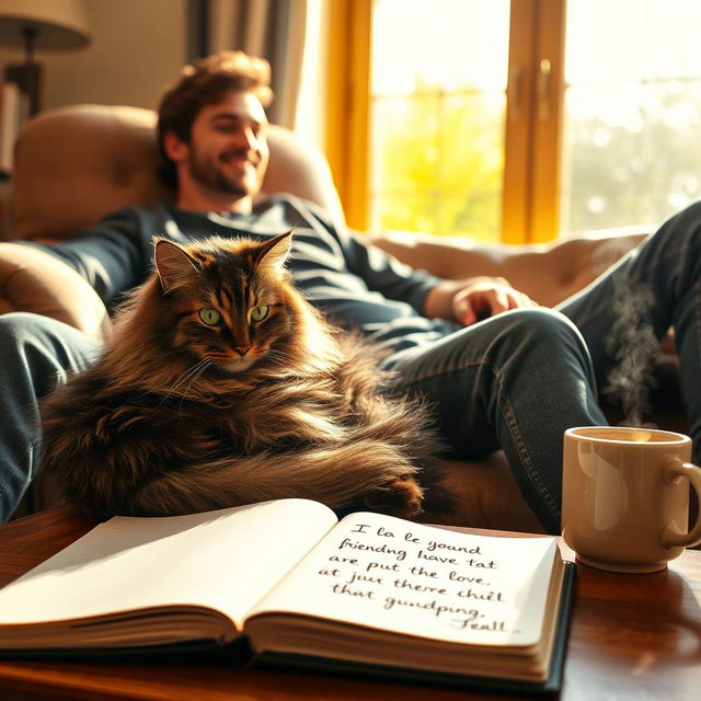 A cozy indoor scene featuring a fluffy domestic cat with thick fur, sharply defined features, and striking green eyes curled up on a plush armchair next to a person