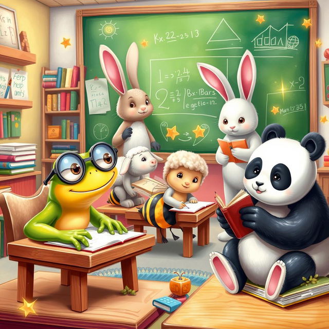 A whimsical fantasy classroom scene featuring a frog, a sheep, a bee, and a panda as students