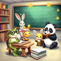 A whimsical fantasy classroom scene featuring a frog, a sheep, a bee, and a panda as students