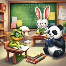 A whimsical fantasy classroom scene featuring a frog, a sheep, a bee, and a panda as students