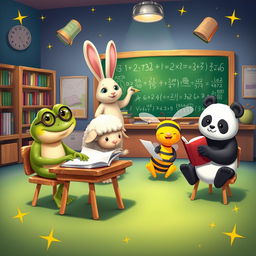 A whimsical fantasy classroom scene featuring a frog, a sheep, a bee, and a panda as students