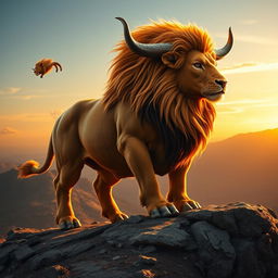A majestic creature featuring the powerful body of a bull combined with the regal mane and fierce gaze of a lion