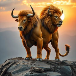 A majestic creature featuring the powerful body of a bull combined with the regal mane and fierce gaze of a lion