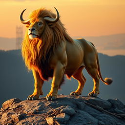 A majestic creature featuring the powerful body of a bull combined with the regal mane and fierce gaze of a lion
