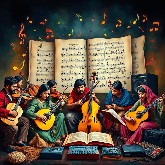 An artistic representation of musicology, showcasing the study and exploration of music in various cultures