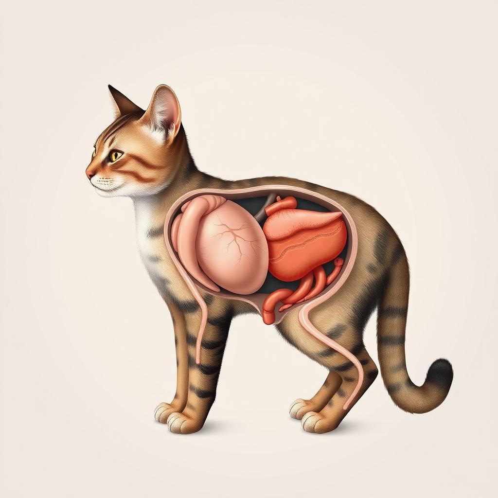 A scientific illustration of a cat showcasing its internal organs in a detailed and educational manner