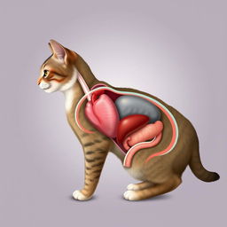 A scientific illustration of a cat showcasing its internal organs in a detailed and educational manner