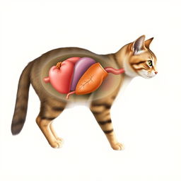 A scientific illustration of a cat showcasing its internal organs in a detailed and educational manner
