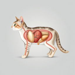 A scientific illustration of a cat showcasing its internal organs in a detailed and educational manner