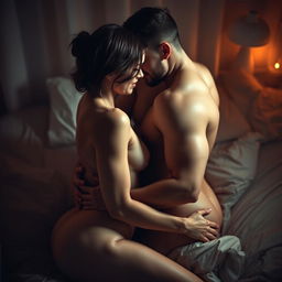 A sensual and artistic representation of intimacy between two adults in a softly lit, romantic setting