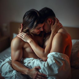 A sensual and artistic representation of intimacy between two adults in a softly lit, romantic setting