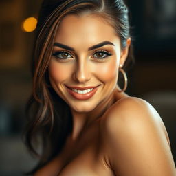 A seductive portrait of a confident woman with enhanced curves, showcasing an alluring smile while maintaining her natural facial features