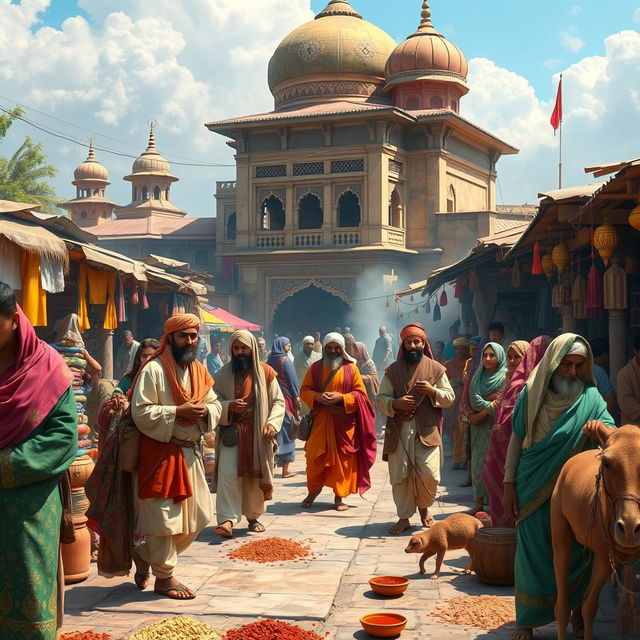 A vibrant and detailed depiction of medieval Arab merchants arriving in a bustling Bengali marketplace, surrounded by colorful textiles, spices, and exotic goods