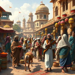 A vibrant and detailed depiction of medieval Arab merchants arriving in a bustling Bengali marketplace, surrounded by colorful textiles, spices, and exotic goods