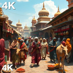 A vibrant and detailed depiction of medieval Arab merchants arriving in a bustling Bengali marketplace, surrounded by colorful textiles, spices, and exotic goods