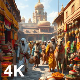 A vibrant and detailed depiction of medieval Arab merchants arriving in a bustling Bengali marketplace, surrounded by colorful textiles, spices, and exotic goods