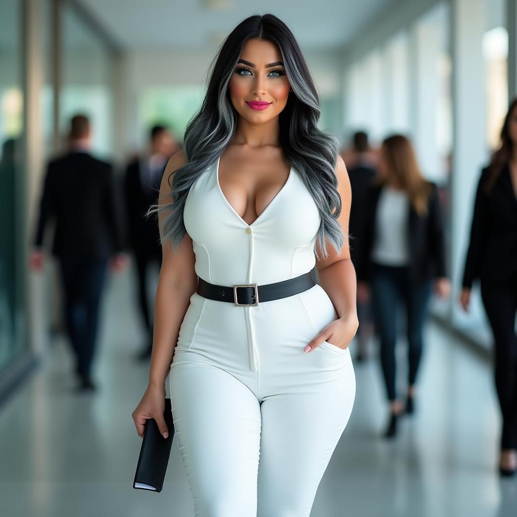 A full-length portrait of an hourglass-shaped, beautiful plump woman with striking black and white hair and mesmerizing crystal blue eyes