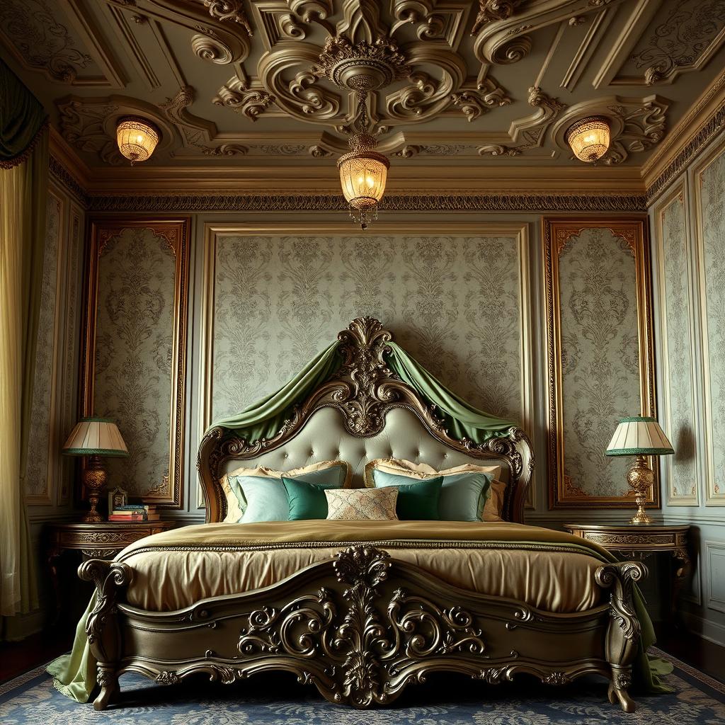 A luxurious, elegantly designed room featuring an ornate bed adorned with rich green and gold linens