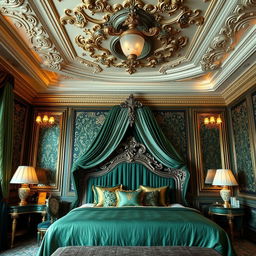 A luxurious, elegantly designed room featuring an ornate bed adorned with rich green and gold linens