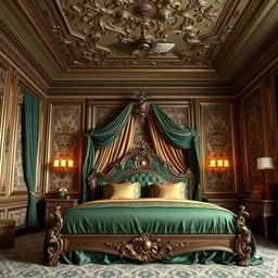 A luxurious, elegantly designed room featuring an ornate bed adorned with rich green and gold linens