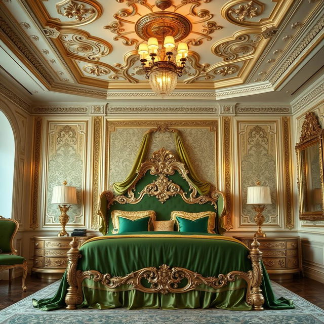 A luxurious, elegantly designed room featuring an ornate bed adorned with rich green and gold linens